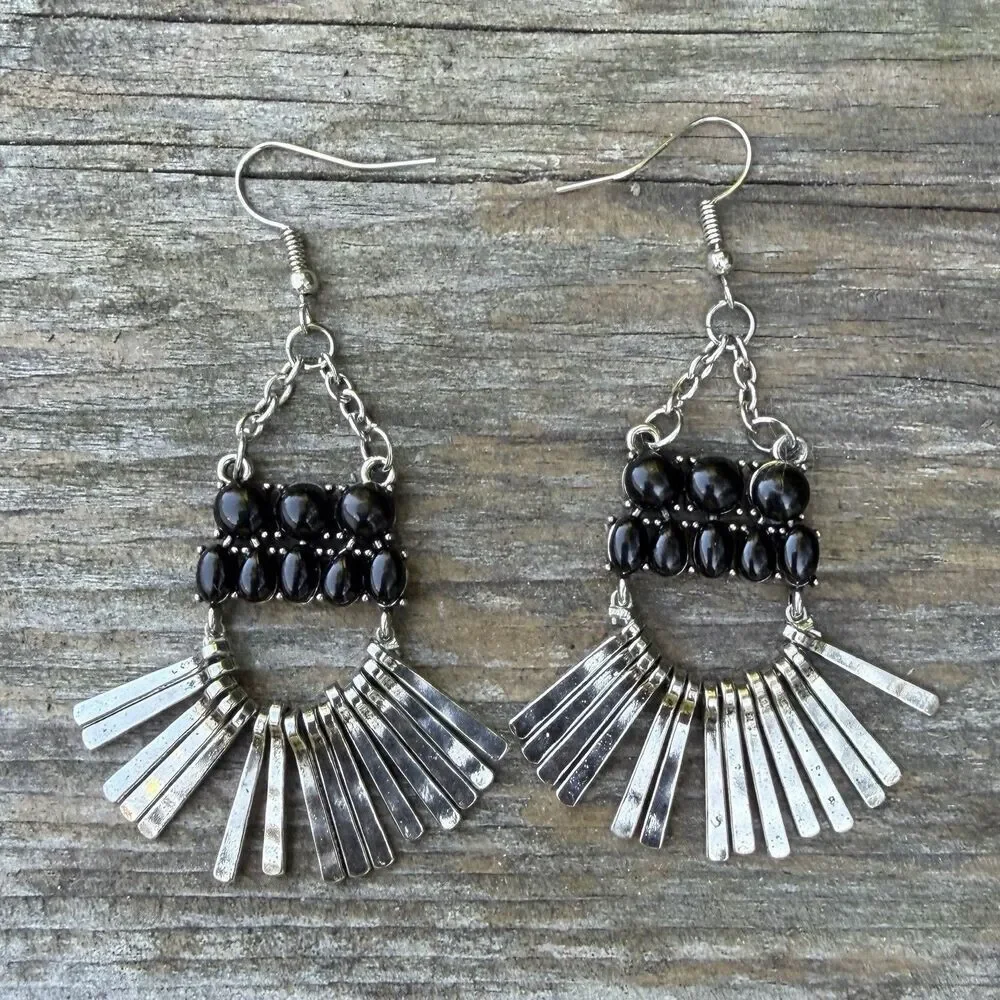 Paparazzi Boho Black Bead & Silver Dangle Fringe Feather Earrings New Western